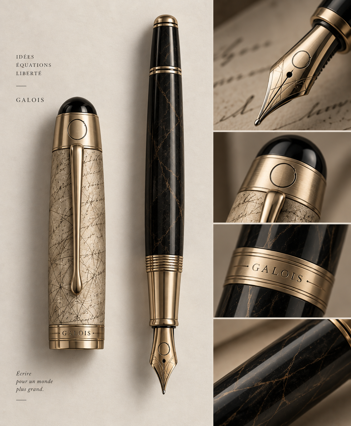 Galois luxury fountain pen with black marble barrel and gold trim