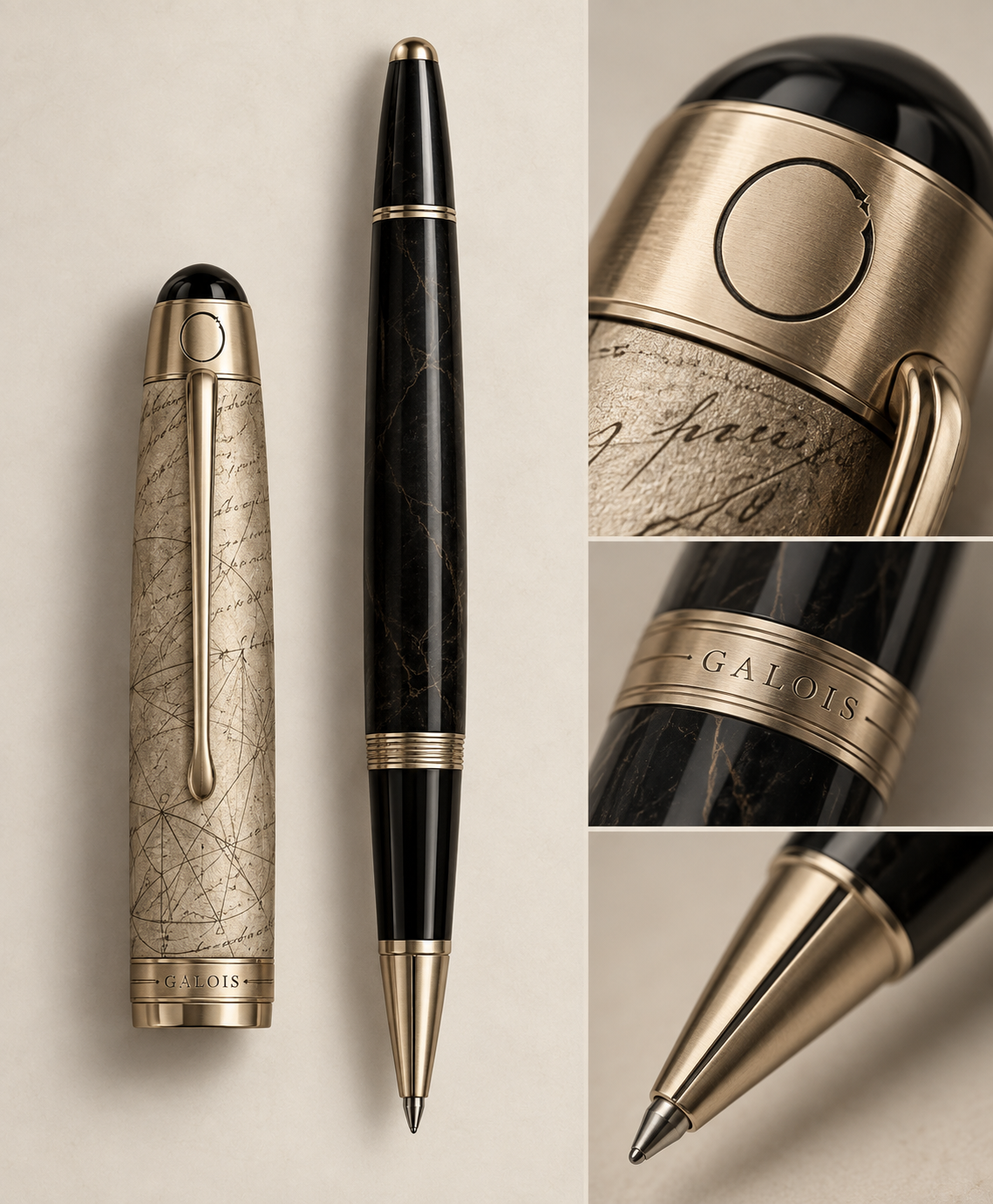 Galois rollerball pen with parchment-inspired cap and gold trim